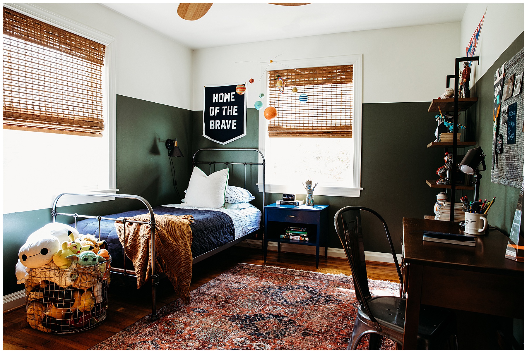 Wide angle view of tween boys bedroom design with rug